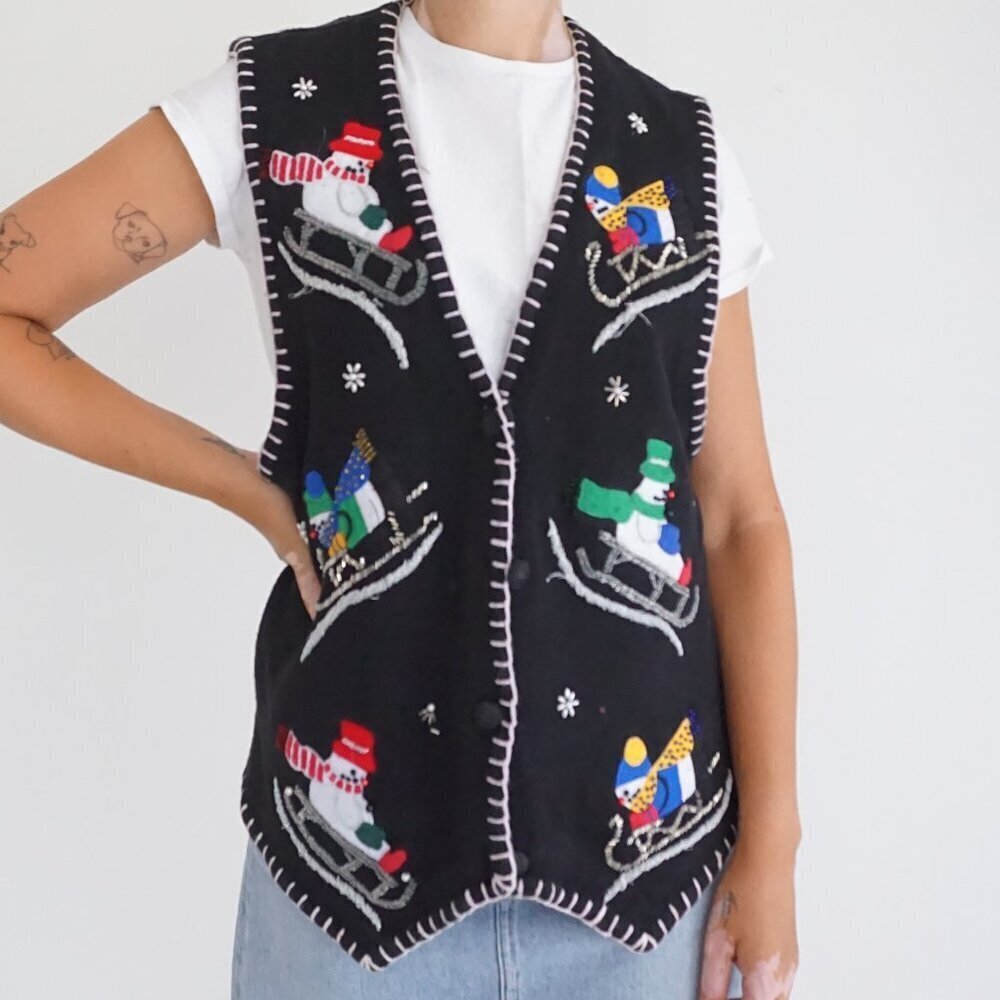 Vintage Victoria Jones Black Holiday Ski Snowman Vest Cotton Festive Grandpa L